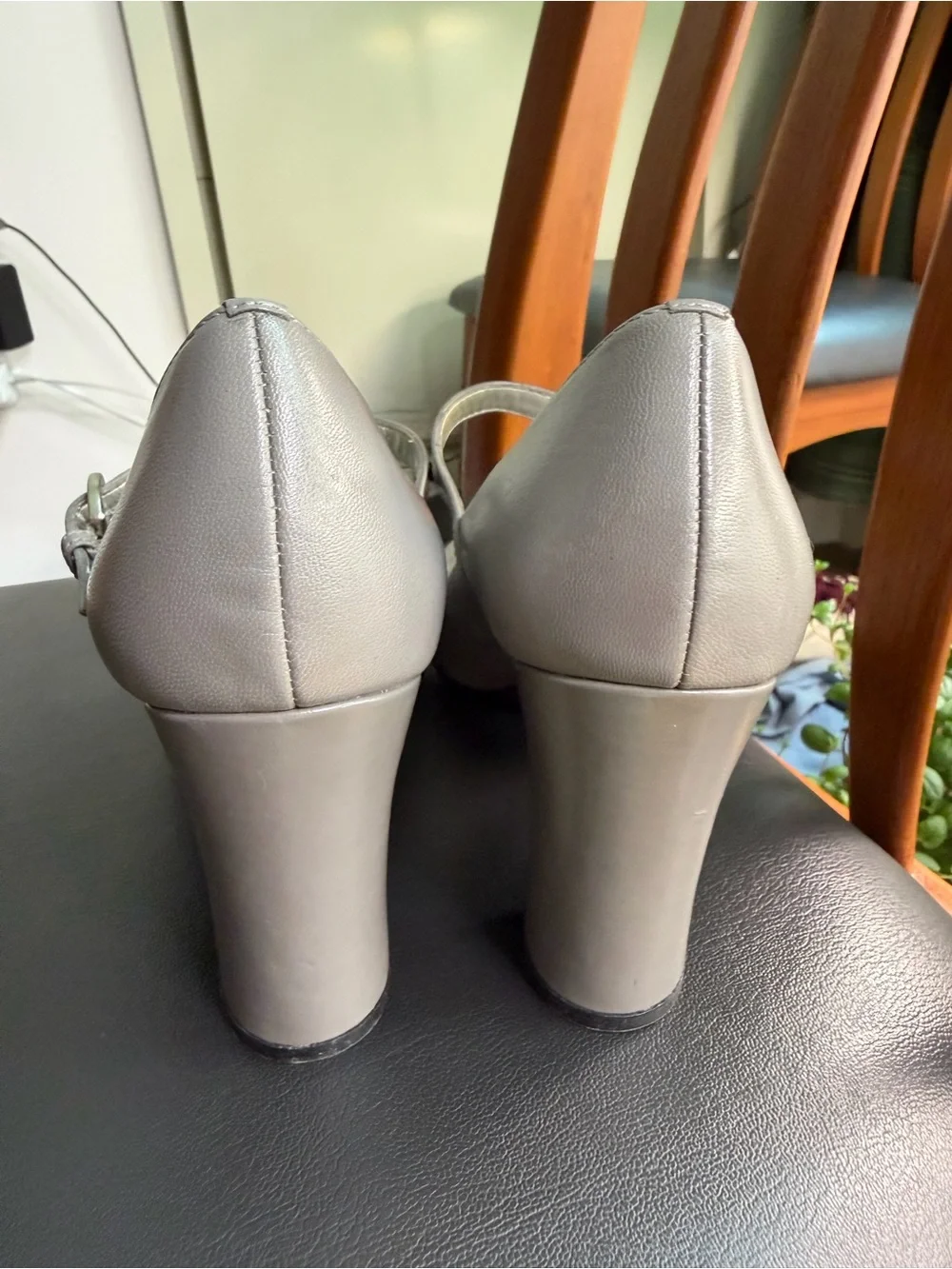 Tahari Gray Mary Peep-Toe T-Strap Heels with Ruffle Accent